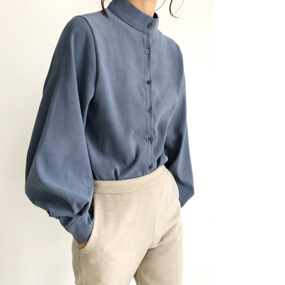 とろみシャツ ボリュームスリーブ スキッパーシャツ シフォンシャツ 袖コンシャス ルーズ