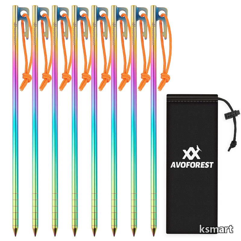 AVOFOREST 焼き色 ペグ 25CM チタン合金 レーザー一体化溶接 反射材入り 固定ロープ付き 超軽量 高強度 8本セット テント用 タープ用 アウトドア/キャンプ 用