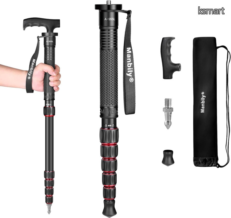 【送料無料】一脚 カメラ用 アルミ製 5段階伸縮 登山ハンドル付き 最高168cm コンパクト 超軽量 収納38cm 耐荷重10kg 旅行/登山に対応 一眼レフ/GoPro/スマホ/ビデオ/望遠