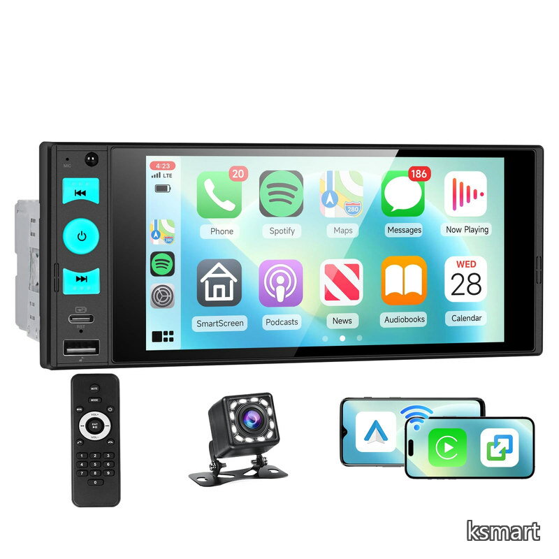 1 DINカーラジオ ワイヤレスCarPlay/Android Autoミラーリング対応 6インチインセルタッチスクリーン搭載 1DINカーステレオ MP5プレイヤー Bluetooth/FMラジオ/EQ/ステアリングホイールコントロール/カラフルバックライト USB/Type-C対応 シングルDIN