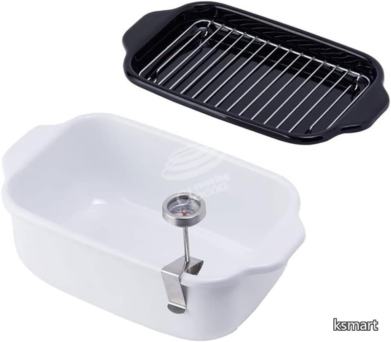 【送料無料】天ぷら鍋 角型 琺瑯製 丸洗いできる温度計 スノコ網 バット付き ホワイト