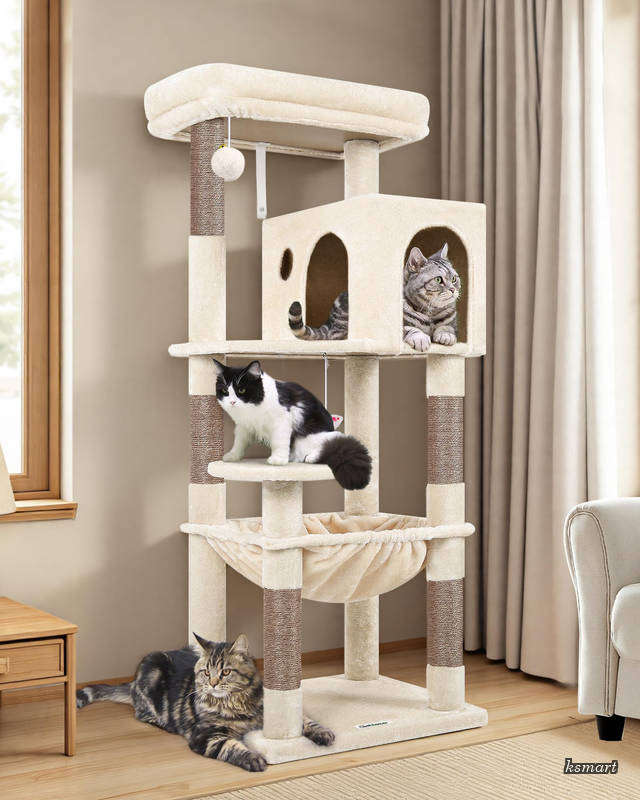 Globlazer 猫タワー ねこタワー 据え置き コンパクト キャットタワー 隠れ家 ハンモック 天然麻紐 爪研ぎ棒 見晴台 ポンポンおもちゃ 転倒防止ベルト付き 安定 頑丈 子猫 中型猫 猫ベッドカバー取り外し可能 運動不足解消 ストレス解消 省スペ