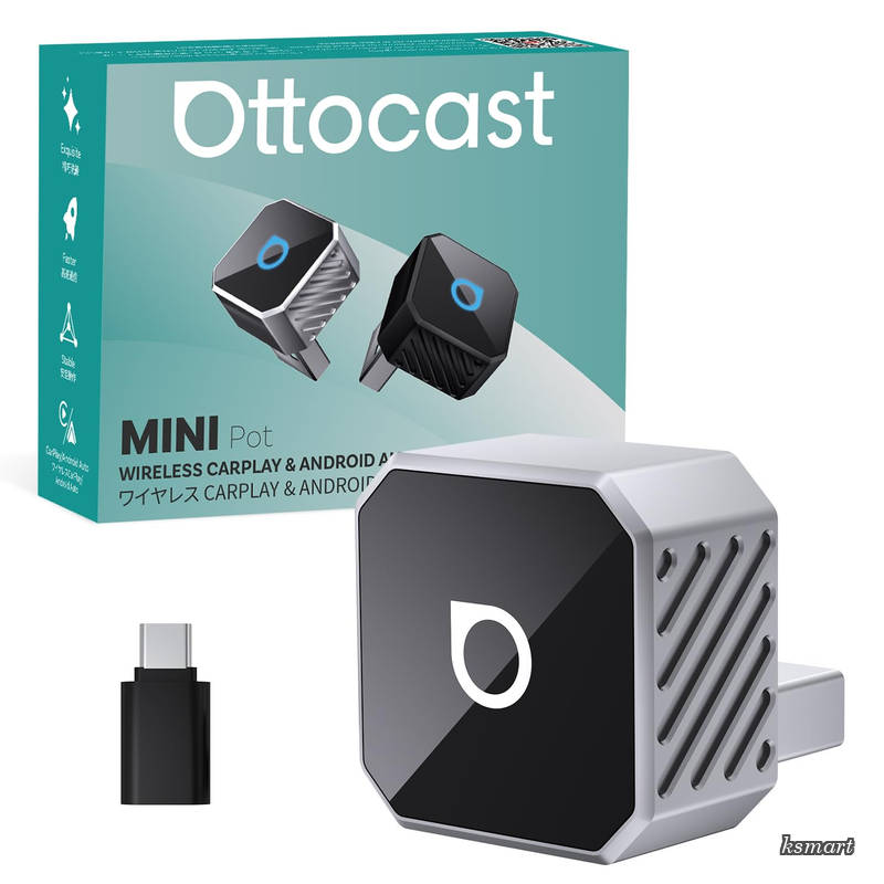 【送料無料】オットキャスト Mini Pot 最新 Ottocast MINI Pot ワイヤレスCarPlay/Android Autoアダプター ミニ 純正有線CarPlay/Android Auto対応車専用 Bluetooth音楽/通話対応 プラグ＆プレイ 自動接続 98%以上の車種適合 技適認証取得済 (シルバー)