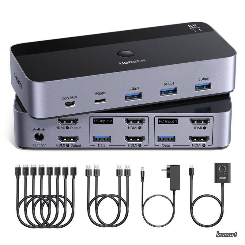 HDMI 2.1 KVM切替器 デュアルモニター対応 2入力2出力｜8K@60Hz対応｜USB3.0×3＋USB-C｜2台PCで2画面共有｜有線ボタン/本体切替｜Windows/Mac/Linux対応