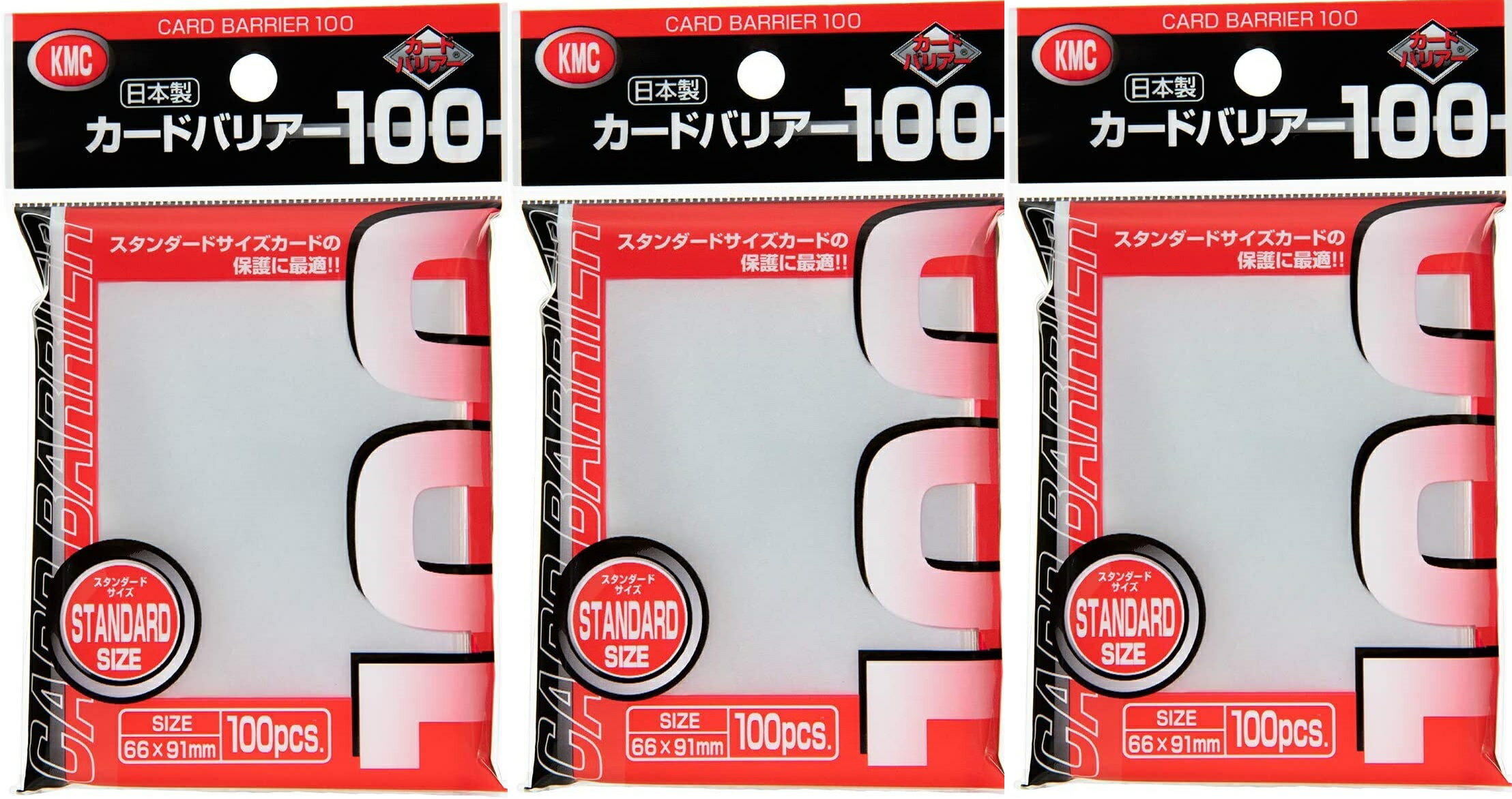 商品名 KMC　カードバリア100 メーカー KMC 仕様 スリーブサイズ　横66x縦91mm　100枚入り　3個セット JAN 4521086000174　商品説明 薄手のクリアスリーブです。 【発送予定の目安】ご注文から発送までに1営業日お時間がかかります。 ※銀行振込・コンビニ決済の場合はご入金確認後の発送となります。レギュラーサイズ用