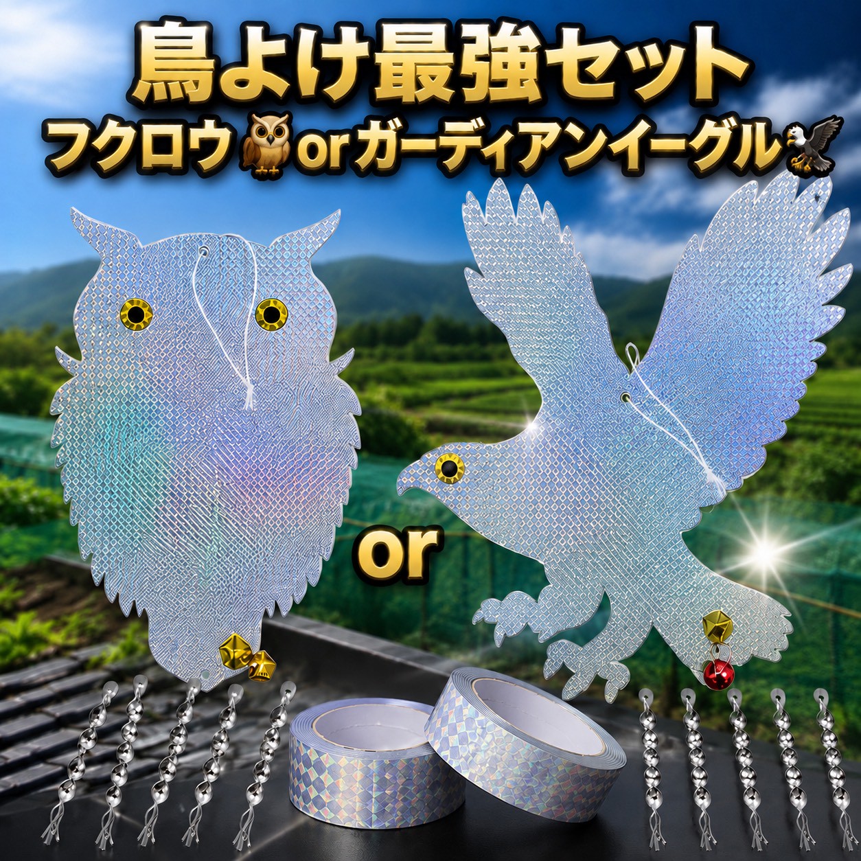 【鳥よけ最強セット】 フクロウ or ガーディアンイーグル 鈴付き 鳥よけ反射テープ 反射棒5本付き 鳩よけ カラスよけ ベランダ 家庭菜園 果樹 園芸 防鳥グッズ
