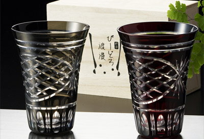薩摩浪漫 11オンス 切子 ハイボールグラス ペアセット ブラック 黒 / レッド 赤 Φ90×12 ...