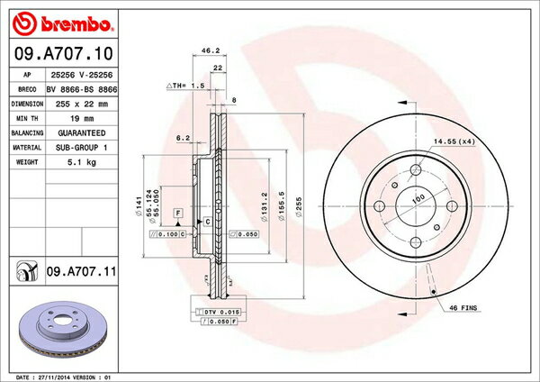 ブーンルミナス M502G ブレーキローター フロント左右セット ブレンボ ブレーキディスク 09.A707.11 brembo BRAKE DISC フロントのみ Boon Luminas ディスクローター ブレーキディスク【店頭受取対応商品】