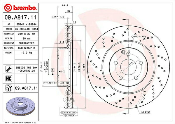 SL R230 230458 ブレーキローター フロント左右セット ブレンボ ブレーキディスク 09.A817.11 brembo BRAKE DISC フロントのみ ディスクローター ブレーキディスク【店頭受取対応商品】