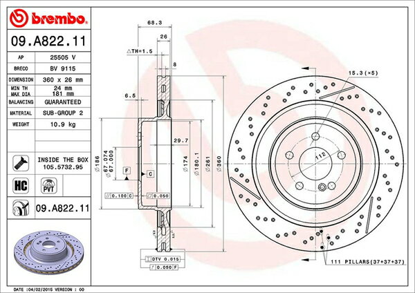 Cクラス W204 204377 ブレーキローター リア左右セット ブレンボ ブレーキディスク 09.A822.11 brembo BRAKE DISC リアのみ C-Class COUPE ディスクローター ブレーキディスク【店頭受取対応商品】