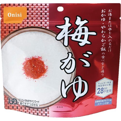 この商品は 【送料無料(一部地域除く)!!】尾西食品梅がゆ 42g x50（防災用品・非常食・保存食・緊急・防災・非常時・災害・対策・家庭用・アウトドア） ポイント非常時の長期保存食やアウトドアシーンで大活躍!! 商品名 尾西食品 梅がゆ 42g x50 内容量 / 出来上がり量 42g / おかゆの場合：242g、やわらかごはんの場合：162g調理に必要なお湯または水の必要量 おかゆの場合：200ml、やわらかごはんの場合：120ml原材料 うるち米（国産）、梅しそ粉末（食塩、でん粉分解物、梅肉ペースト、しそ梅酢、もみしそ、赤しそエキス）/酸味料、増粘剤（加工でん粉）アレルギー情報 食物アレルギー特定原材料等27品目不使用1袋サイズ 約 152×高さ160 ×マチ70 mm1ケース購入した場合の入数ケースサイズ 1ケース50袋入り約 422 × 307 × 高さ168mm賞味期限 製造日より5年栄養成分表示（1食42gあたり） 熱量：151kcalたんぱく質：2.3g脂質：0.4g炭水化物：34.6g食塩相当量：1.1g[1袋あたり内容量：約42g] ショップからのメッセージ さわやかな梅の味が程よくマッチし、酸味が疲れた体を癒してくれる梅がゆです。お湯を注いで、15分間で本格的なおかゆができあがります。またお湯の量で、おかゆ・やわらかご飯など調整ができます。お湯さえあれば、何処ででも簡単に、梅がゆをお召し上がりいただけます。ご高齢者向けの非常食としても最適です。お湯か水を入れるだけで「ご飯」が食べられるので、海外旅行の携帯食としても人気です。 納期について 4