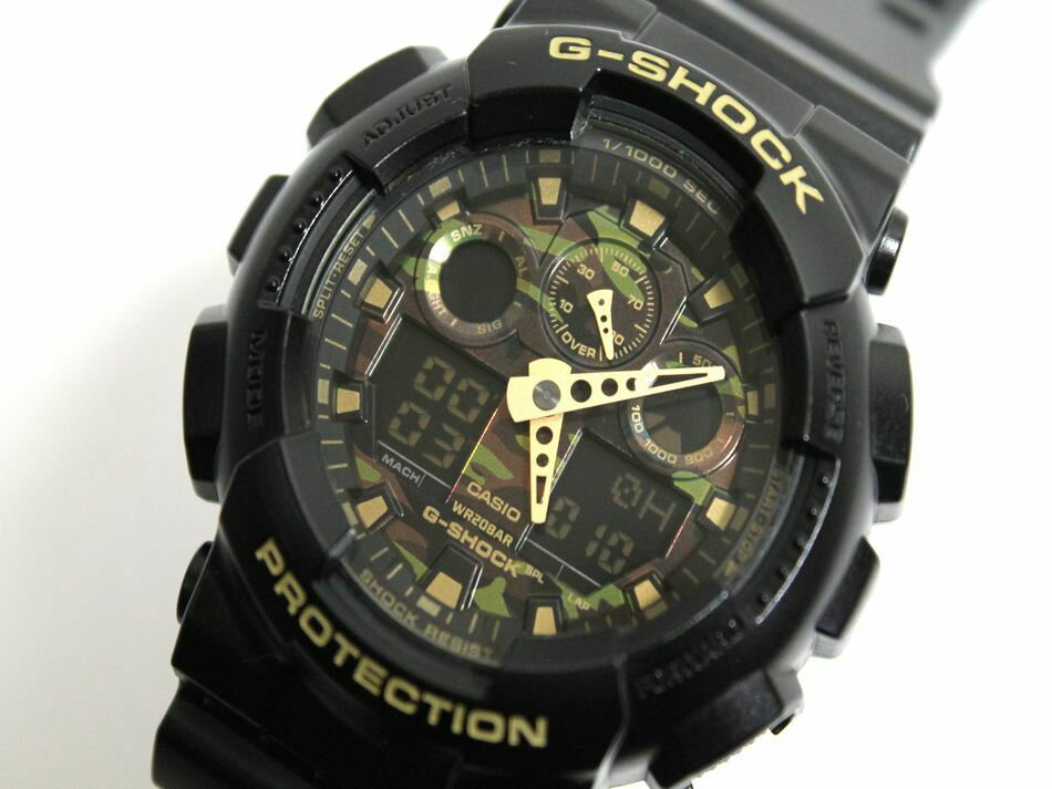 [中古] 送料無料 動作品 CASIO G-SHOCK カモフラージュダイヤル ブラック ゴールド系 メンズ 腕時計 GA-100CF デジアナ ジーショック USED品