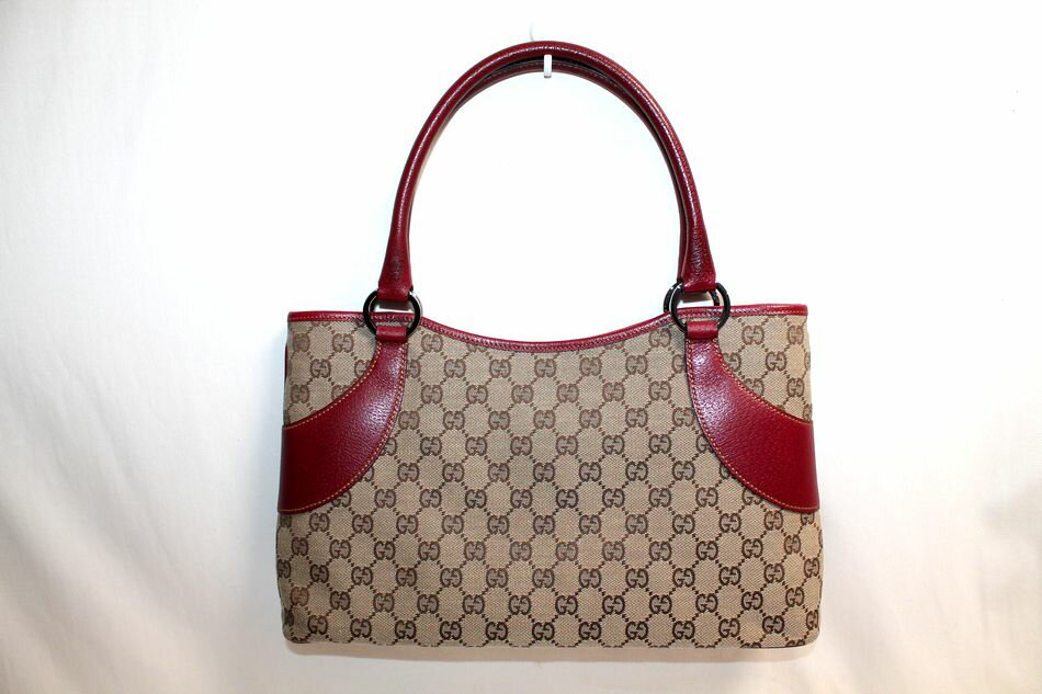 [中古] GUCCI トートバッグ 113015 GGキャンパス レザー ベージュ系 レッド系 赤系 セミショルダーバッグ レディースバッグ 女性用 グッチ USED品