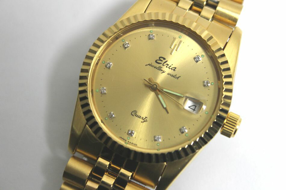 [中古] 動作品 ELRIA 天然ダイヤモンド 宝石鑑別書付き メンズ 腕時計 RA303 3針 デイト SS 男性用 クォーツ ゴールド系 エルリア 中古 USED品