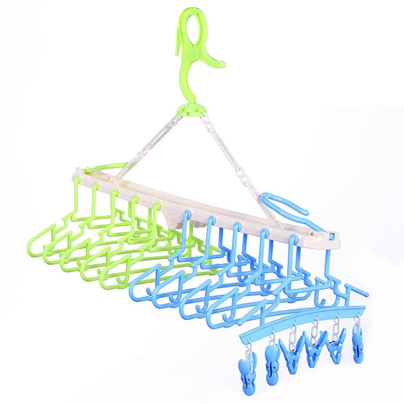洗濯物ハンガー 10連 子供用ハンガー 洗濯 キッズ ハンガー ピンチハンガー 洗濯物干し 洗濯ハンガー 物干し竿 屋外 折りたたみ ブルー &グリーン (ピンチ6個付き)