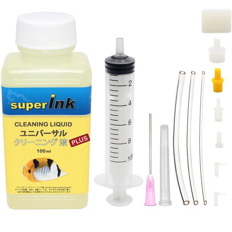 クリーニング液 - superInk ユニバーサル 洗浄液 インクジェットプリントヘッド用(キヤノン エプソン ブラザー HP リコー)+ 手袋1組 + 10ml注入器 + 針 + キャップ + シリコーン チューブ2本