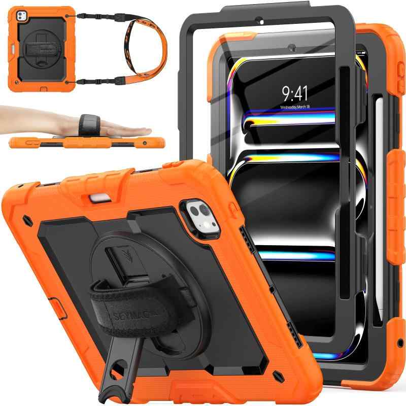 SEYMAC stock 2024年 iPad Pro(M4)耐衝撃ケース 保護フィルム付き ペン収納 360°回転スタンド ハンドストラップ ショルダーストラップ 全面保護カバー iPad Pro 2024専用型