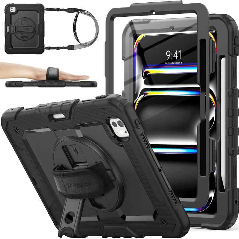 SEYMAC stock 2024年 iPad Pro(M4)耐衝撃ケース 保護フィルム付き ペン収納 360°回転スタンド ハンドストラップ ショルダーストラップ 全面保護カバー iPad Pro 2024専用型
