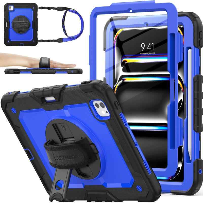 SEYMAC stock 2024年 iPad Pro(M4)耐衝撃ケース 保護フィルム付き ペン収納 360°回転スタンド ハンドストラップ ショルダーストラップ 全面保護カバー iPad Pro 2024専用型