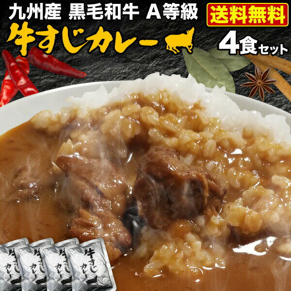 カレー 九州産黒毛和牛 A等級牛すじ使用 極旨牛すじカレー 4食 本格カレールー 自然素材 独自ブレンド レトルト 湯煎 簡単調理 時短 メール便送料無料のサムネイル