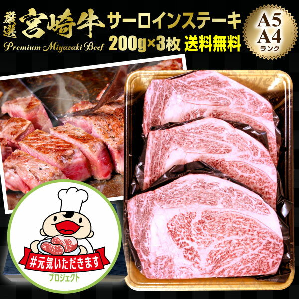 お歳暮 ギフト 宮崎牛 サーロインステーキ A4/A5ランク 200g×3枚 ギフト 贈答 内祝 応援セール 送料無料 グルメ 【#元気いただきますプロジェクト】