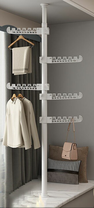 室内物干し 折りたたみ 洋服掛け用衣類ラック 高さ調節可能なDIY床から天井までランドリーラックオーガナイザー ポータブル屋内衣類コート乾燥ラック玄関 廊下用 ...