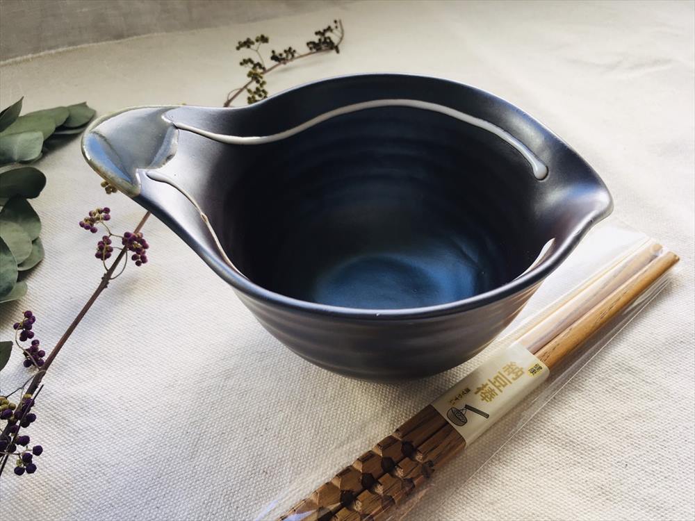 鉄釉白ライン　納豆鉢　（直径11cm×高さ8cm）取っ手まで