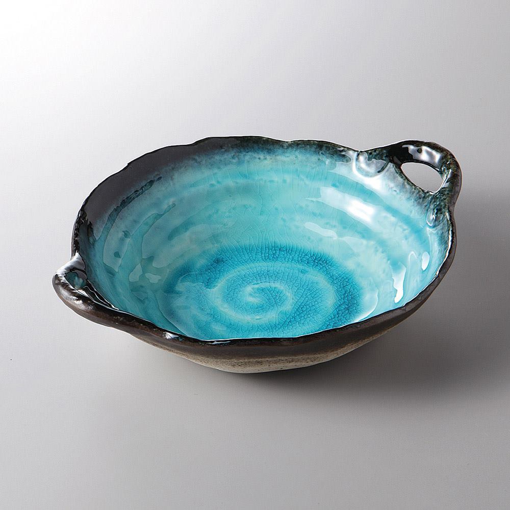 トルコブルー両手付7寸丸鉢 25.2×20.2×6食器　国産 陶器 日本製 美濃焼 カフェ食器 和食器 和カフェ 大..