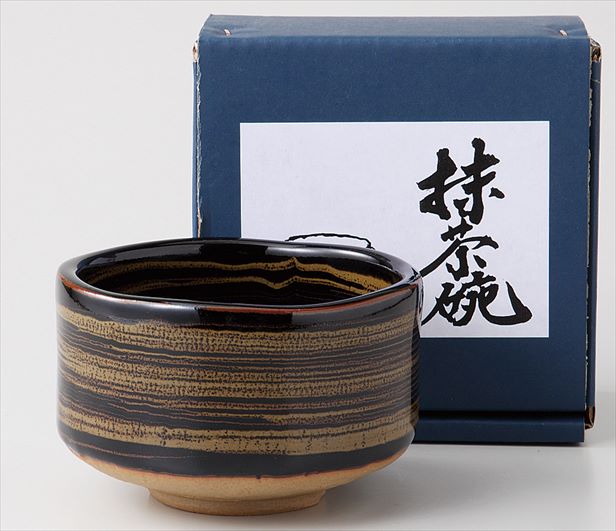 黒釉金彩　　抹茶碗　抹茶椀　抹茶茶碗　※箱入り　　11.8×7cm