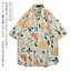開襟シャツ 5分袖 メンズ 男女兼用 オレンジ 夏物 レモン柄 ハワイアン アロハシャツ 総柄 果物柄 スト..
