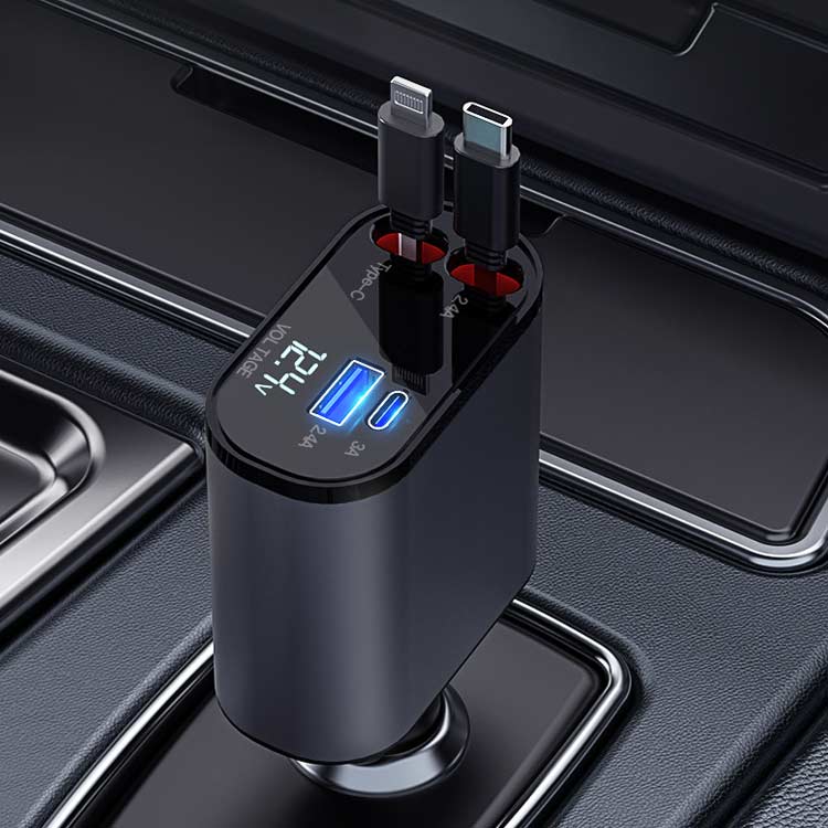 巻き取り式 リール式 USB 急速充電 充電器シガーソケット Type-C Lightning 車載充電器 4in1 充電器 車 4ポート カーチャージャー 4台同時に充電可 12V-24V対応 Lightning 車載 2