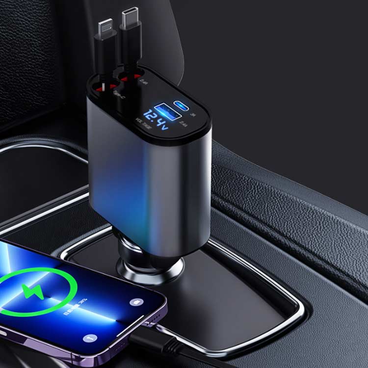 巻き取り式 リール式 USB 急速充電 充電器シガーソケット Type-C Lightning 車載充電器 4in1 充電器 車 4ポート カーチャージャー 4台同時に充電可 12V-24V対応 Lightning 車載 3