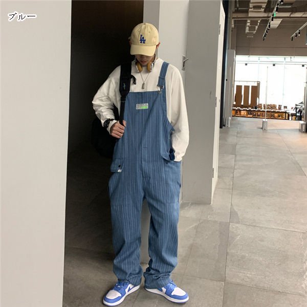 サロペット オーバーオール メンズ サロペットデニムパンツ 韓国風 ストライプ柄 ガウチョパンツ ワイドパンツ ジーパン ジーンズ 春夏秋 バレンタイン 2023