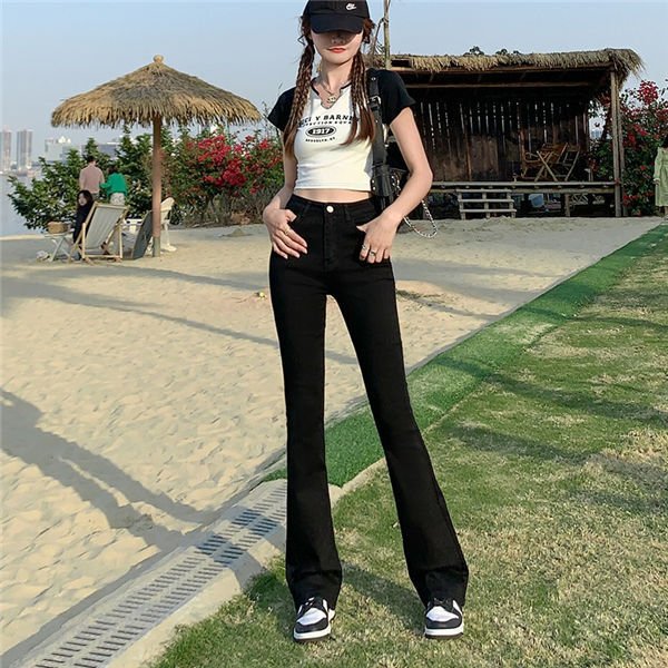 デニムブーツカットパンツ レディース ジーンズ デニムパンツ ハイウエスト ブーツカットパンツ パンツ 春夏秋 ウエスト調整 パンツ バレンタイン 2023 プレゼントのサムネイル