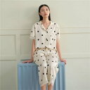 ルームウェア パジャマ レディース 上下セット ドット柄 水玉 シルク 半袖 トップス パンツ 部屋着 ホテル 春夏用 可愛い パジャマ バレンタイン 2023 プレゼント