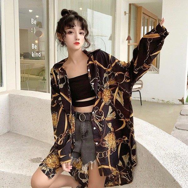 柄シャツ チェーンベルト柄 長袖 ビッグシルエット アイボリー ブラック トップス ダンス 衣装 ヒップホップ コスチューム 韓国ファッション 個性的 服 原宿系 バレンタイン 2023 プレゼント
