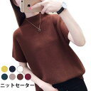 ニットセーター レディース 半袖ニット ハイネック リブニット ニットトップス リブ編み 無地ニット ゆったり とろみ ゆるニット 抜け感 大人 トップス バレ...