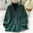 レディース シャツ ダークグリーン シャツジャケット ストライプ柄 長袖シャツ ゆったり 秋 ライトアウター レトロ 女性 重ね着 春 トップス プレゼント