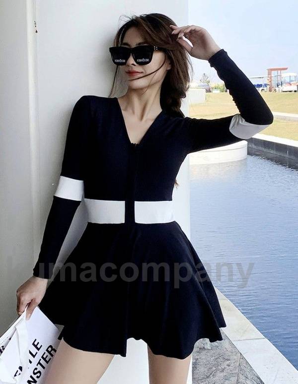 水着 レディース ワンピース 体型カバー ラッシュガード 長袖 スカート パンツ 黒 ライン 大きいサイズ 3L 4L 5L 6L ぽっちゃり フィットネス ビーチ プール 海 露出控えめ 日焼け防止 20代 30代 40代