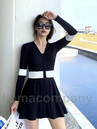 水着 レディース ワンピース 体型カバー ラッシュガード 長袖 スカート パンツ 黒 ライン 大きいサイズ 3L 4L 5L 6L ぽっちゃり フィットネス ビーチ プール 海 露出控えめ 日焼け防止 20代 30代 40代