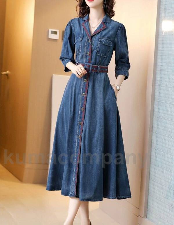 デニム ワンピース ロング 長袖 七分袖 襟付き Vネック Aライン ロングワンピース ウエストマーク 刺繍 春 秋 レディース カジュアル 大きいサイズ 3L おしゃれ 上品 20代 30代 40代