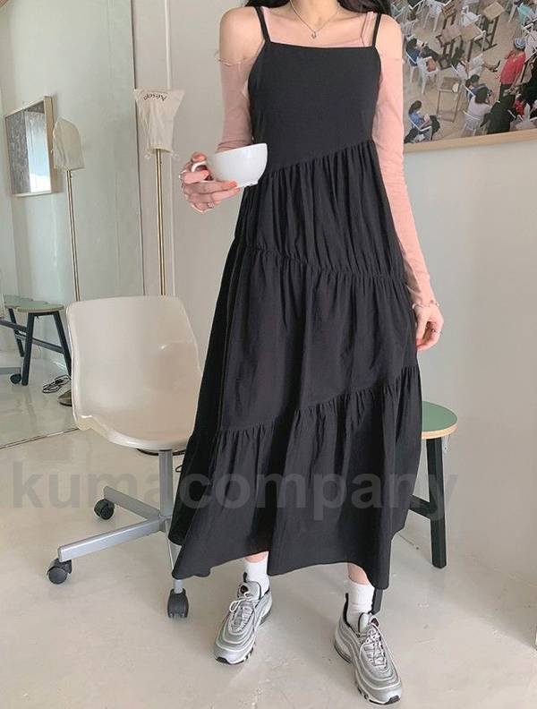 キャミソールワンピース ロング ティアードワンピース ノースリーブ ワンピース レディース ロングワンピース Aライン 大きいサイズ 黒 白 春夏 オールインワン サロペット スカート キャミワンピース カジュアル 無地 シンプルのサムネイル