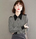 千鳥格子柄 シャツ ブラウス レディース トップス 長袖 オフィス 通勤服 お呼ばれ 大きいサイズ 3L 春 秋 韓国 ファッション シンプル ビジネス スーツ インナー レトロ おしゃれ きれいめ カジュアル km(4)