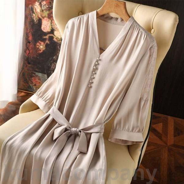 ワンピース ドレス 袖あり エレガント レディース きれいめ カジュアル 刺繍 おしゃれ 七分袖 大人 可愛い フェミニン ミモレ丈 ウエストリボン Vネック 体型カバー ハイウエスト シンプル お呼ばれ ベージュ 春 秋 夏 20代 30代 40代 50代