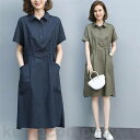 シャツワンピース レディース ロングワンピース ワンピース 女性 夏 夏服 リネンワンピース ミディアム丈 半袖 綿麻 ポケット付き POLOネック スリット 大きいサイズ ゆったり
