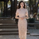チャイナドレス ロングワンピース ワンピース レディース レースワンピース レース ロング丈 半袖 春 夏 タイトワンピース ミモレ丈ワンピース きれいめ 立ち襟 スリット チャイナ風ワンピース 中華風 カジュアル おしゃれ 着痩せ 可愛い