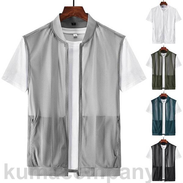 ベスト メンズ 夏 夏用ベスト メッシュ タンクトップ 前開きベスト カジュアルベスト 袖なし ノースリーブ 立ち襟 ポケット付き メッシュベスト トップス ジ...