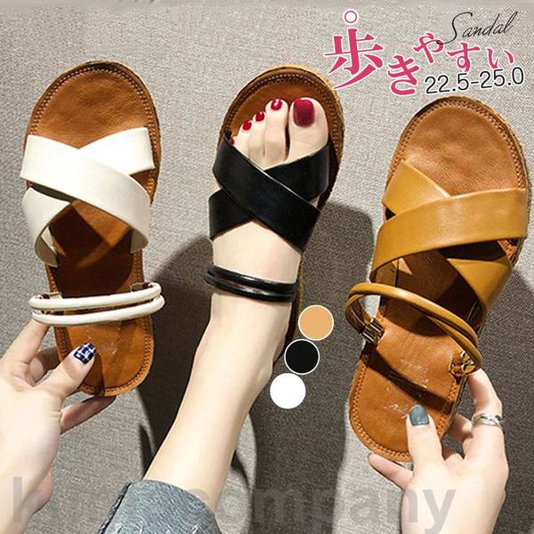 2WAY ダブルストラップ サンダル フラット レディース ベルト ストラップ ローヒール スリッパ ビーチ..