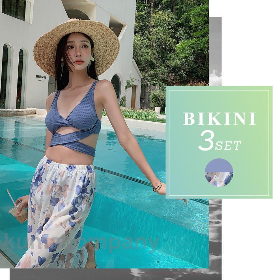 夏 水着 レディース 体型カバー ビキニ セパレート おしゃれ かわいい リゾート パンツ 3点セット 花柄 リブ風生地 ダブルストラップ 異素材