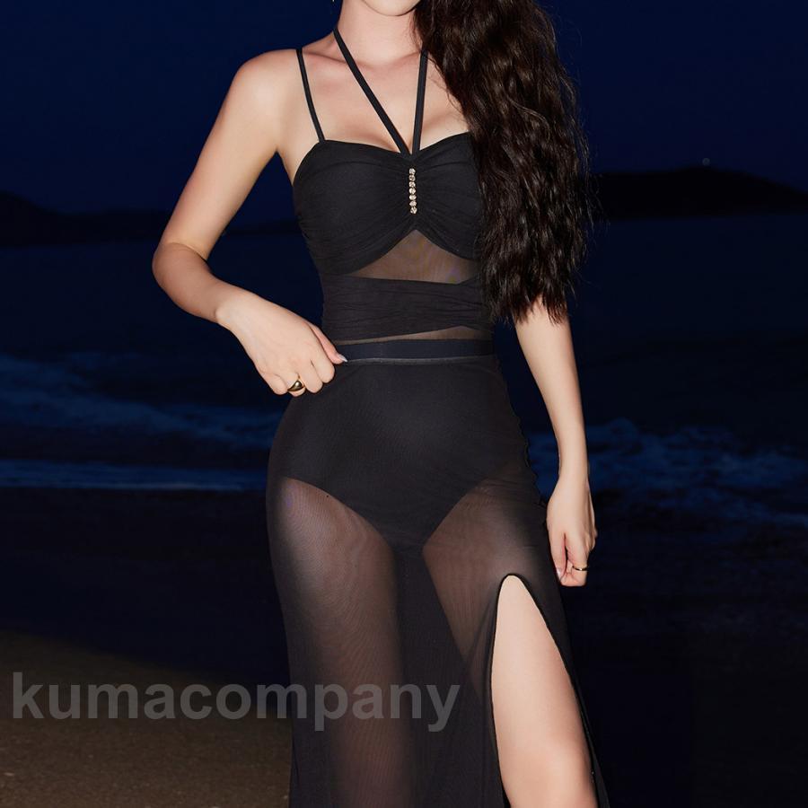 夏 水着 ワンピース オールインワン パレオ付き 2点セット レディース 2way 黒 おしゃれ 体型カバー オトナ女子